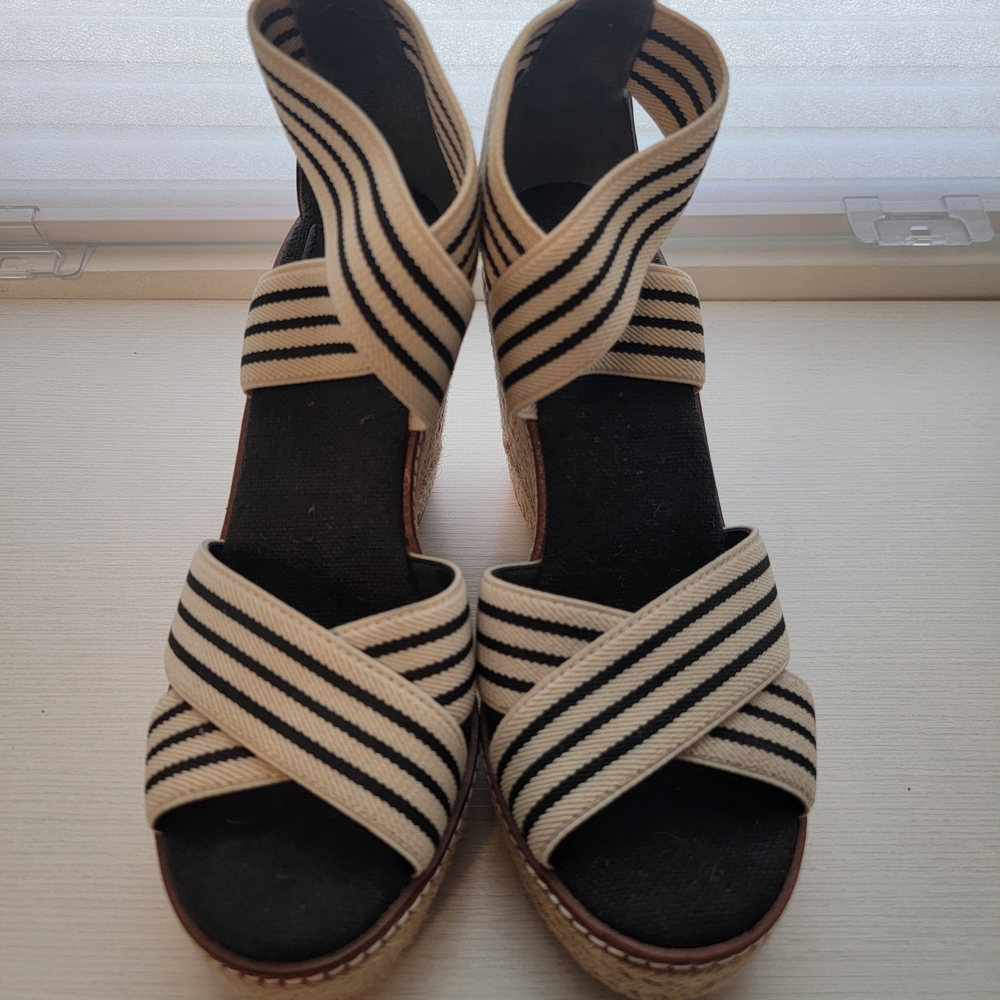 Tory Burch Striped Black and Cream Wedge Sandals